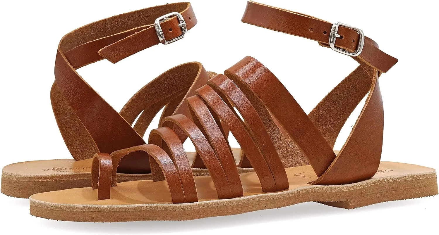 Emmanuela Ancient Greek Sandals, Quality Handmade Leather Toe Ring Flat Sandals, Adjustable Buckle Strappy Sandals, Ankle Strap Summer Shoes, Boho Chic Cuff Sandals