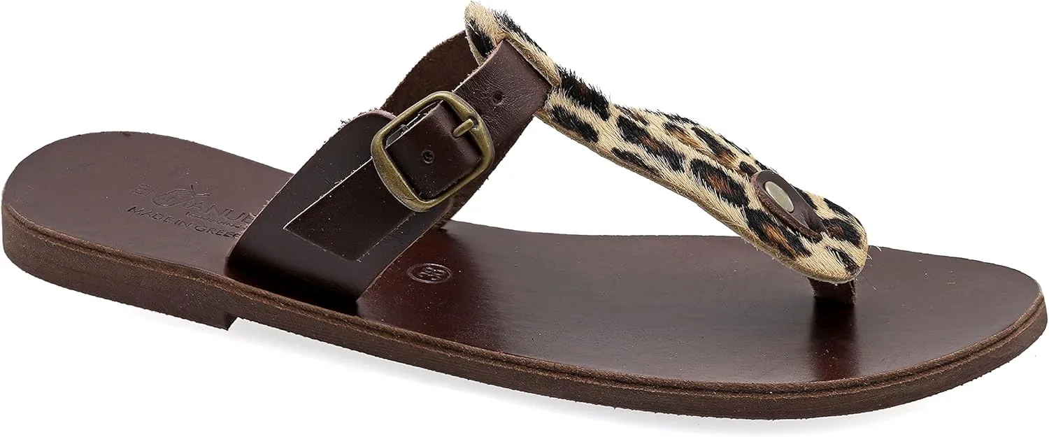 Emmanuela Greek Handmade Leather Split Toe Sandals with adjustable buckle strap, Thong Flat Summer Shoes for Women, Open Toe Sliders, Boho Chic Mules Pony Skin Leopard Animal Print