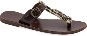 Emmanuela Greek Handmade Leather Split Toe Sandals with adjustable buckle strap, Thong Flat Summer Shoes for Women, Open Toe Sliders, Boho Chic Mules Pony Skin Leopard Animal Print