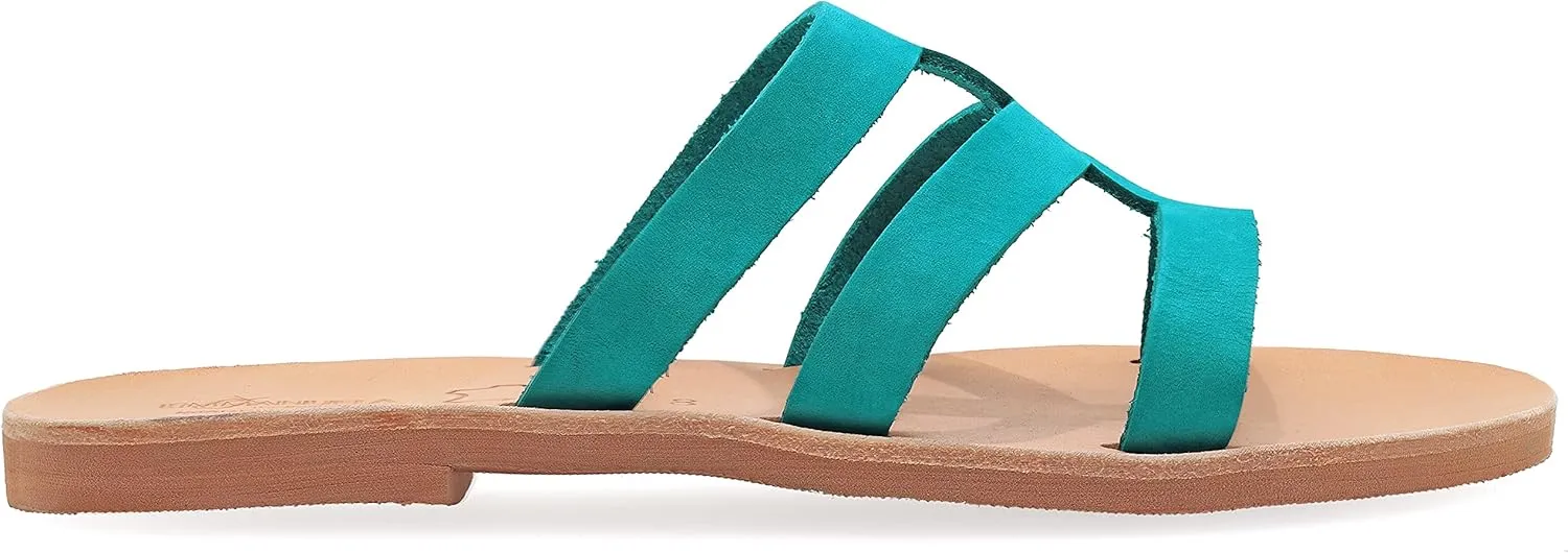 Emmanuela Greek Style Sandals, Handmade Leather Open Toe Flat Sandals, Quality Slide on Strappy Summer Shoes for Women, Boho Chic Slider Sandals, Slip on Cross Strap Mules