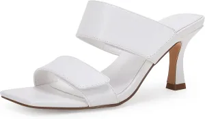 Ermonn Womens Two Strap Heeled Sandals Slip On Square Open Toe Stiletto Faux Leather Backless Mule Heels Slippers