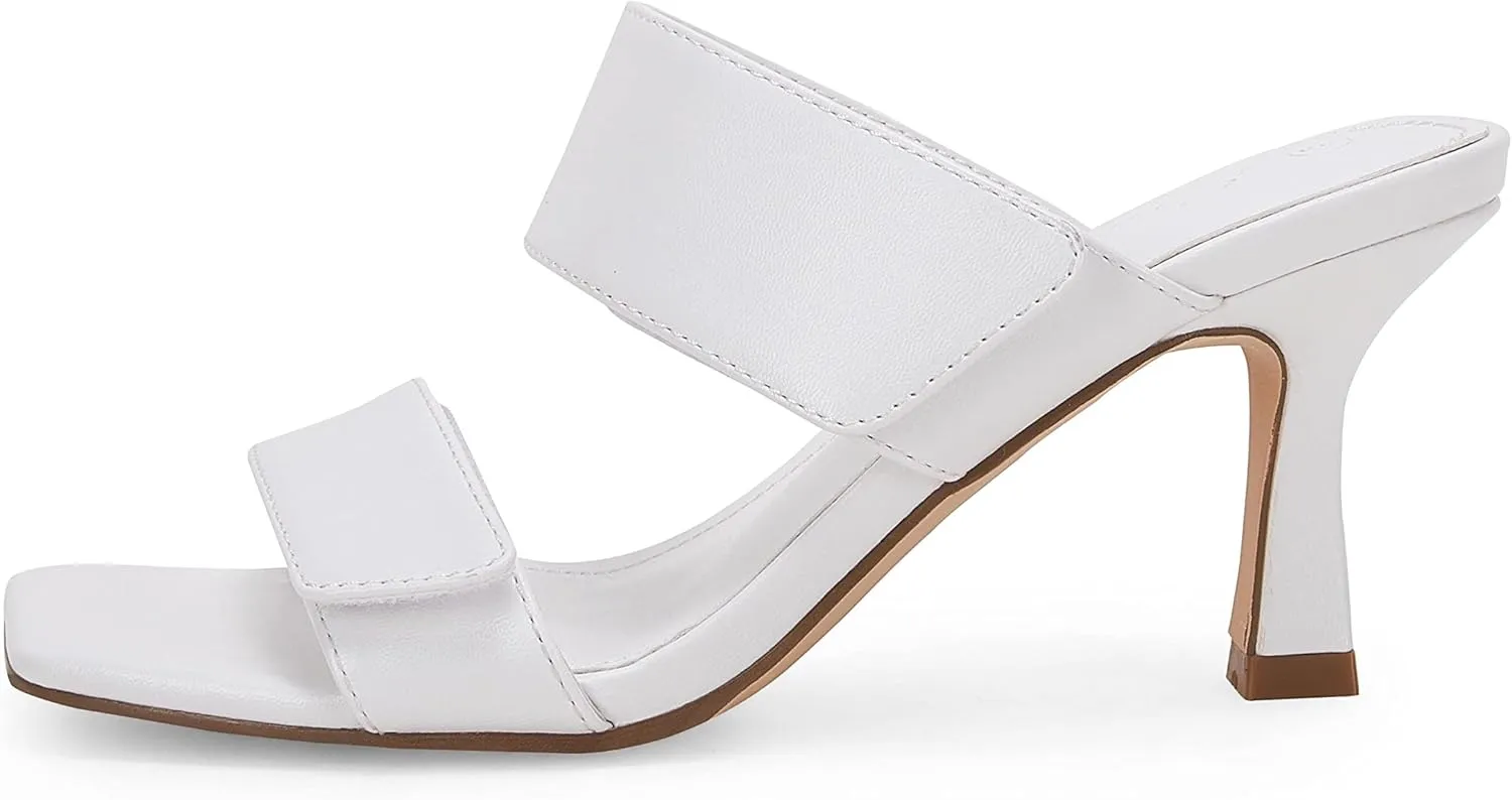 Ermonn Womens Two Strap Heeled Sandals Slip On Square Open Toe Stiletto Faux Leather Backless Mule Heels Slippers