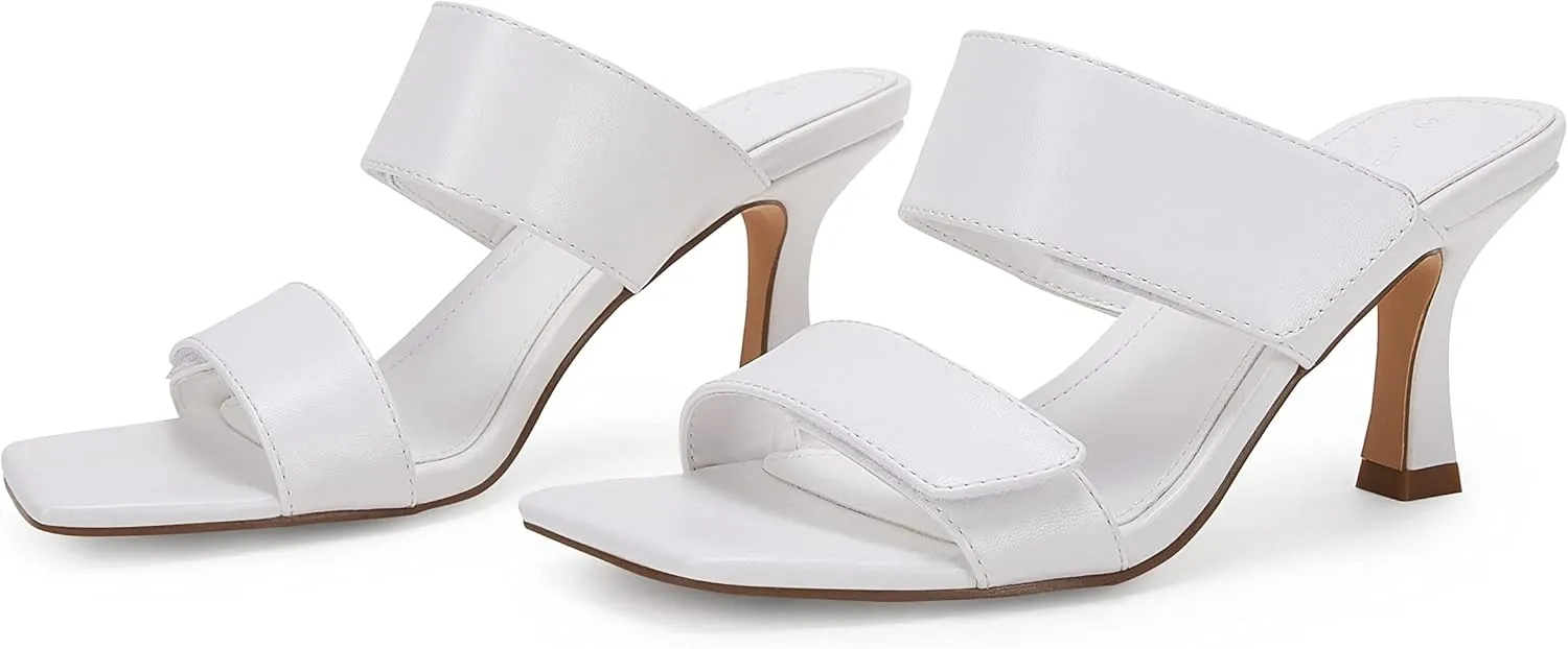 Ermonn Womens Two Strap Heeled Sandals Slip On Square Open Toe Stiletto Faux Leather Backless Mule Heels Slippers