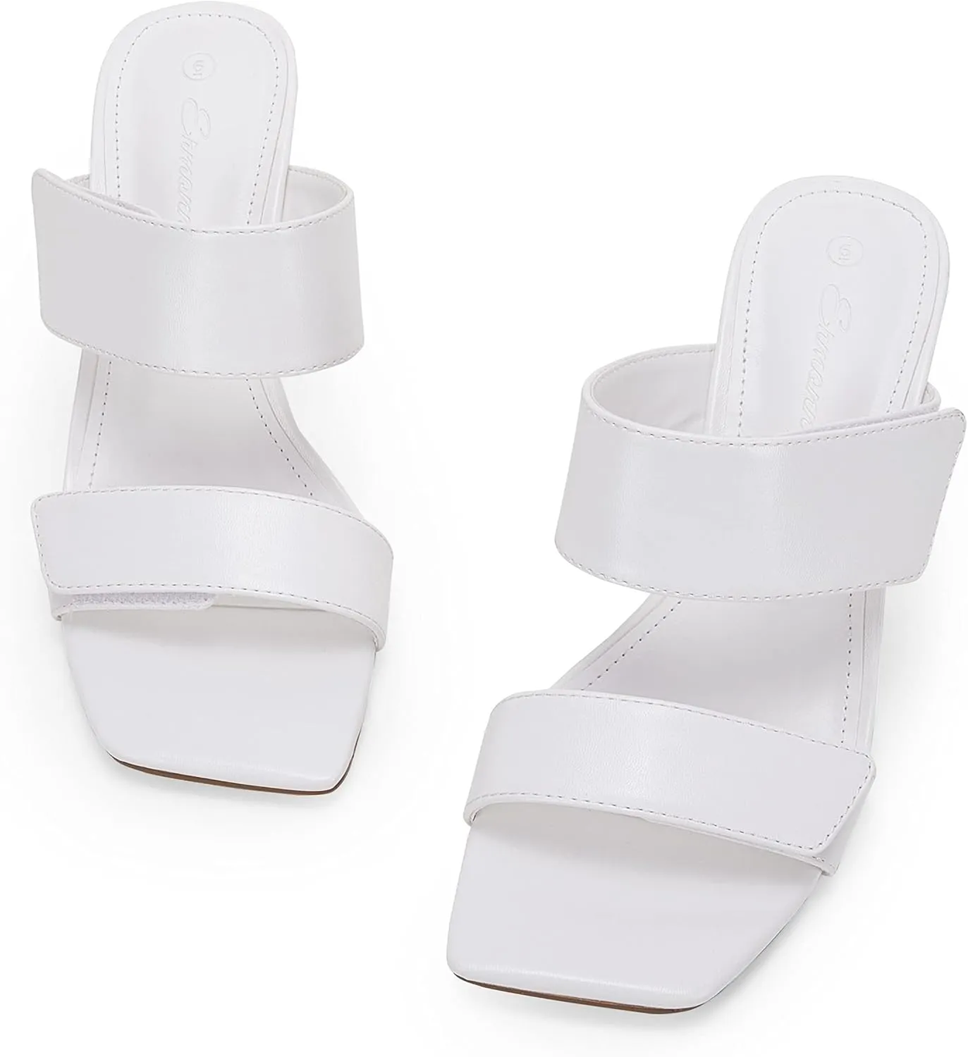 Ermonn Womens Two Strap Heeled Sandals Slip On Square Open Toe Stiletto Faux Leather Backless Mule Heels Slippers