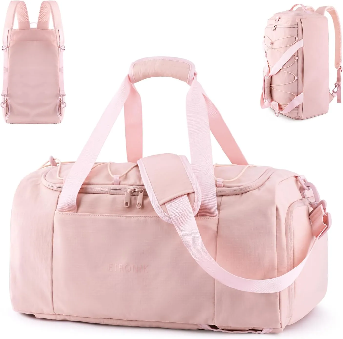 ETRONIK 3-In-1 Gym Bag for Women, 40L Travel Duffel Bag with Shoe Laptop Compartment, Carry On Weekender Bag with Wet Pocket, Workout Overnight Backpack for Gym, Travel, Weekend, Pink