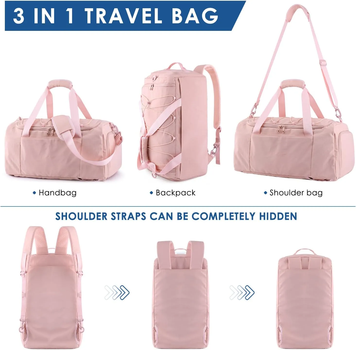 ETRONIK 3-In-1 Gym Bag for Women, 40L Travel Duffel Bag with Shoe Laptop Compartment, Carry On Weekender Bag with Wet Pocket, Workout Overnight Backpack for Gym, Travel, Weekend, Pink