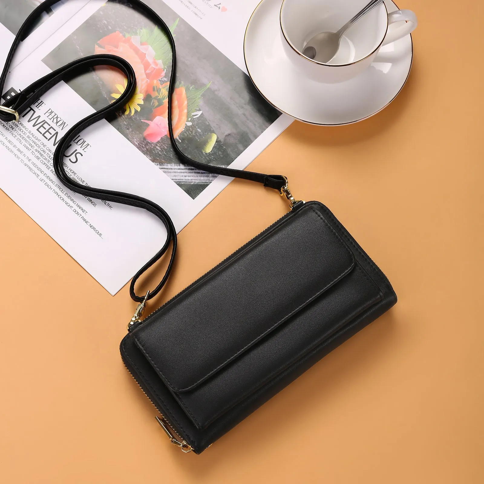 FALAN MULE Rfid Wallet Purse Wristlet Crossbody Bag for Women PU Leather Ladies Clutch with 2 Straps