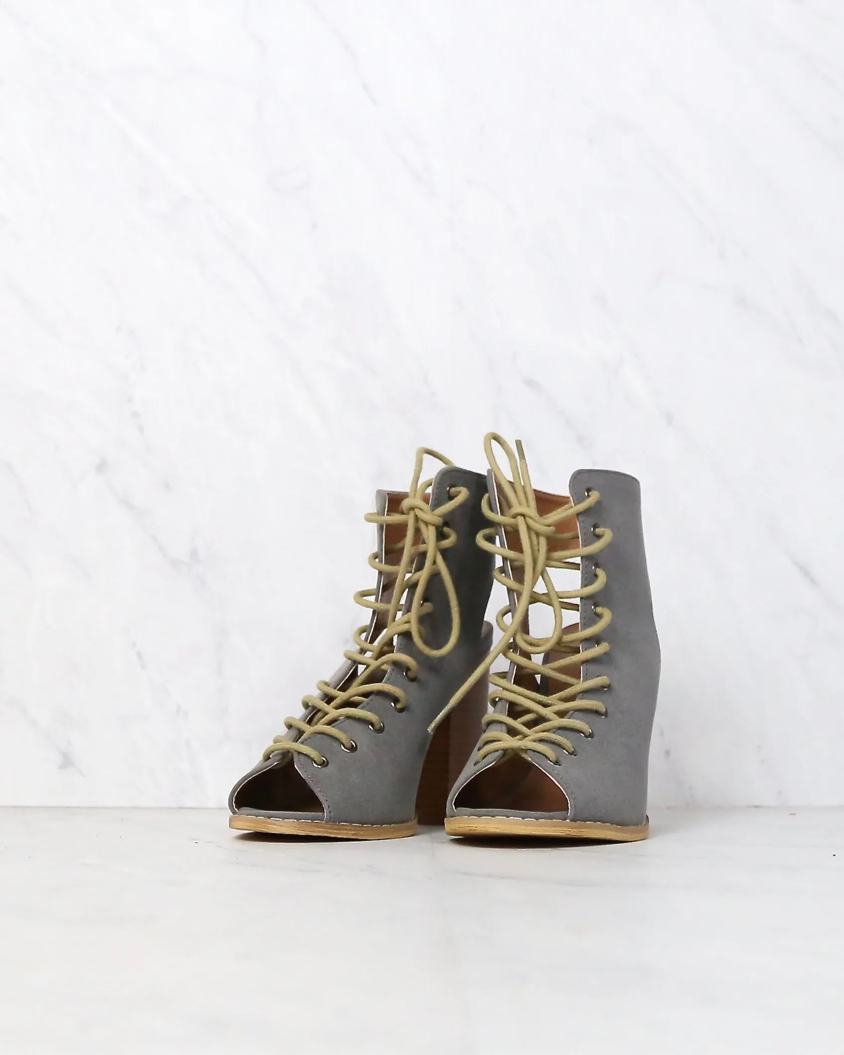 Final Sale - Minimalist Lace Up Peep Toe Heel in Grey
