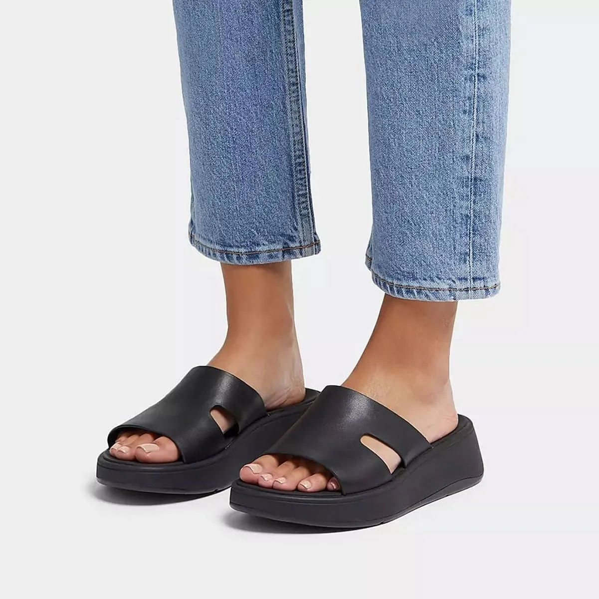FitFlop Women's F-Mode Raw-Edge Leather Flatform H-bar Slides Wedge Sandal