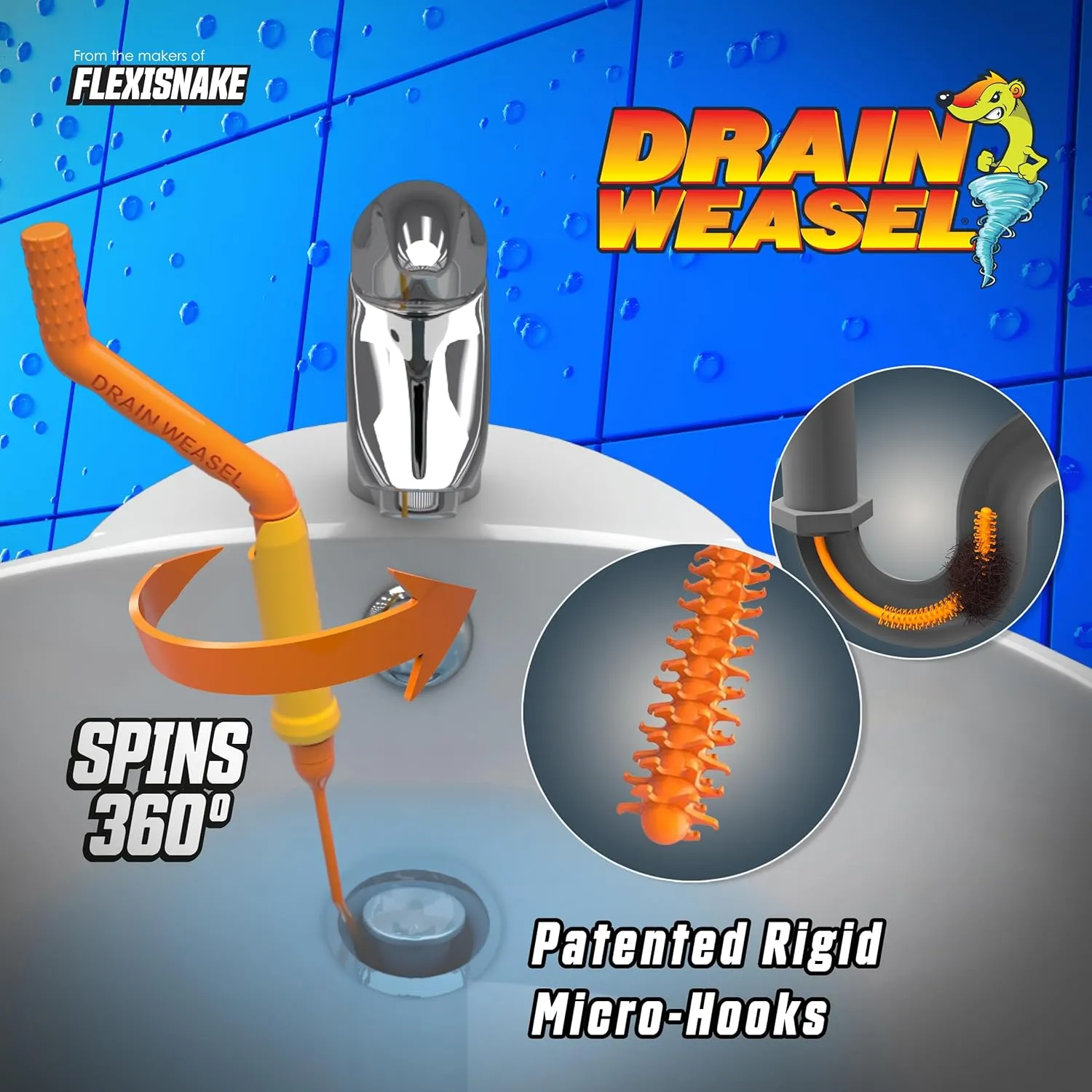 FlexiSnake Pro Drain Weasel Sink Snake Hair Clog Remover Tool, Sink, Pipe, Bathroom, Bathtub Drain Cleaner, 18-inch Long, Flexible, Made in The USA, 10 Pack Reusable Wands and Removable Handle