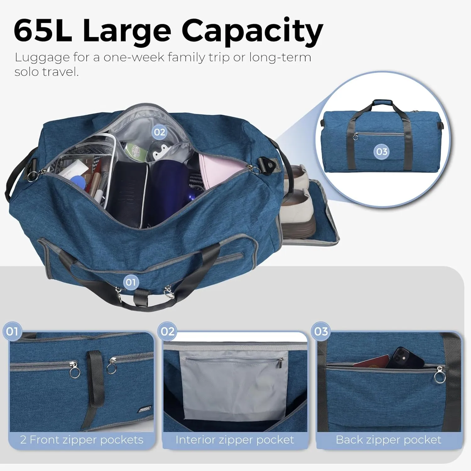 Fmeida 65L Duffle Bag with Shoes Compartment, Foldable Travel Duffel Bags for Men Women, Large Packable Travel Bag Water Repellent & Tear Resistant (Blue)