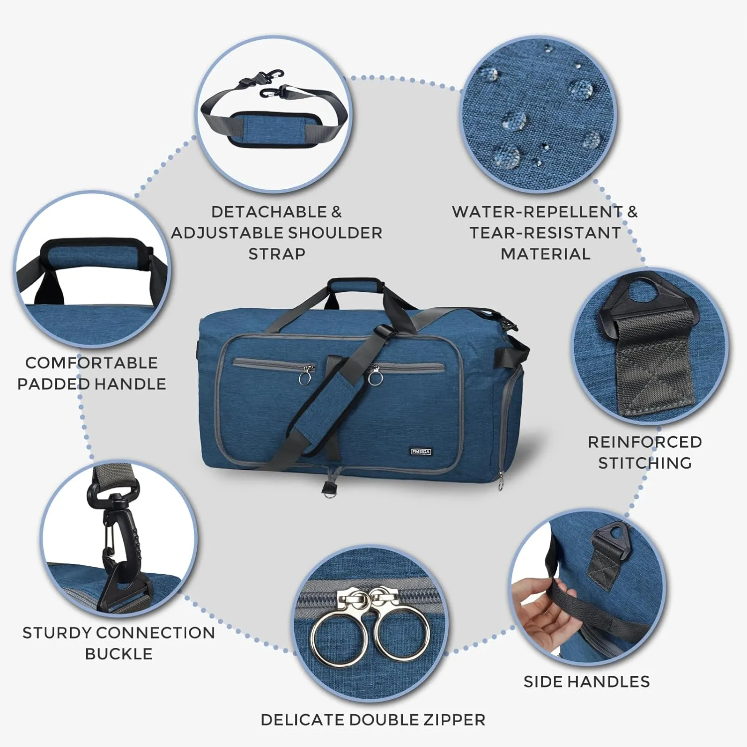 Fmeida 65L Duffle Bag with Shoes Compartment, Foldable Travel Duffel Bags for Men Women, Large Packable Travel Bag Water Repellent & Tear Resistant (Blue)