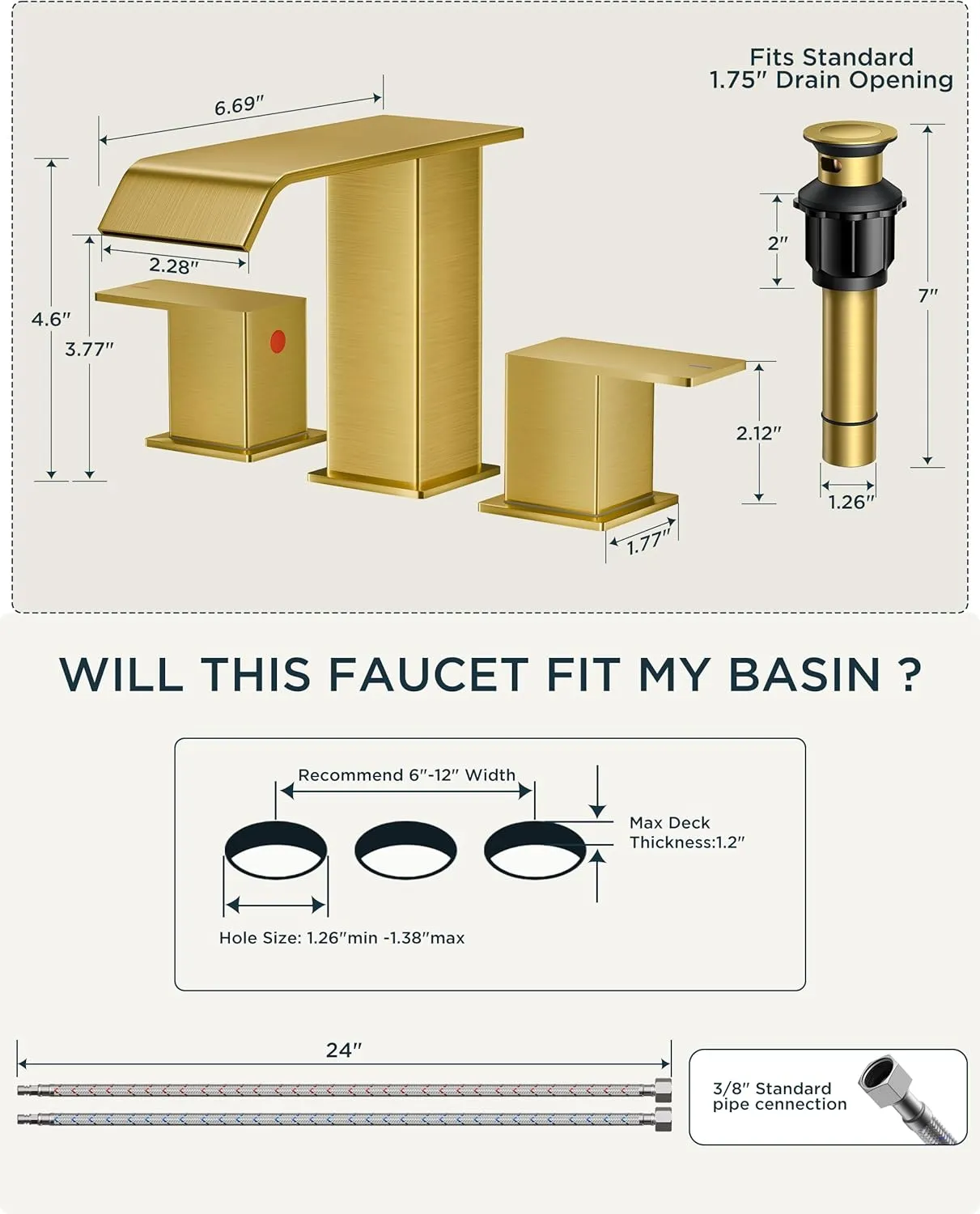 FORIOUS Brushed Gold Bathroom Sink Faucets 3 Hole Widespread, 2 Handles Bathroom Faucet with Pop-up Drain and Flexible Hot and Cold Water Hoses, Suitable for Vanity RV Restroom