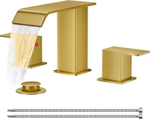 FORIOUS Brushed Gold Bathroom Sink Faucets 3 Hole Widespread, 2 Handles Bathroom Faucet with Pop-up Drain and Flexible Hot and Cold Water Hoses, Suitable for Vanity RV Restroom