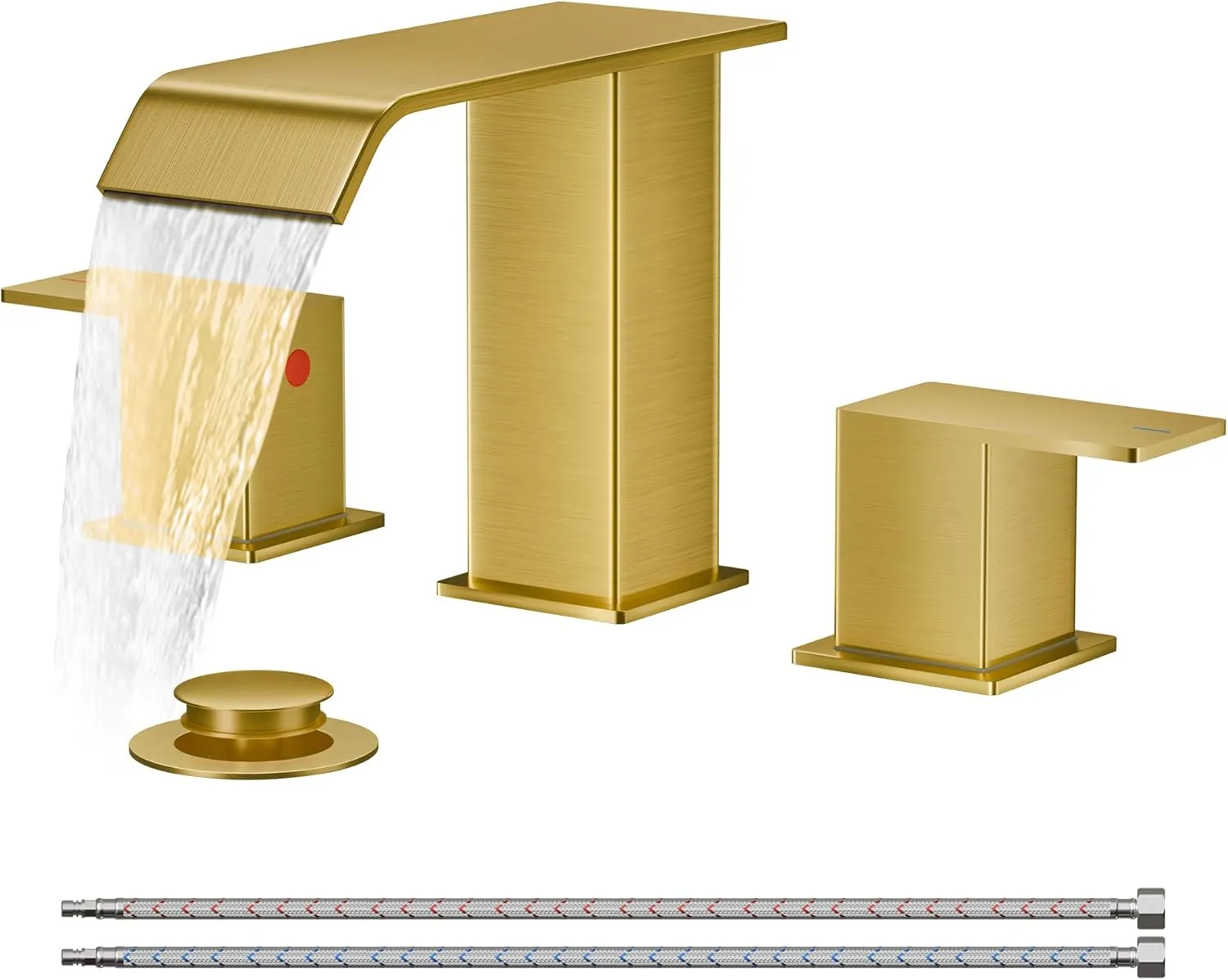 FORIOUS Brushed Gold Bathroom Sink Faucets 3 Hole Widespread, 2 Handles Bathroom Faucet with Pop-up Drain and Flexible Hot and Cold Water Hoses, Suitable for Vanity RV Restroom