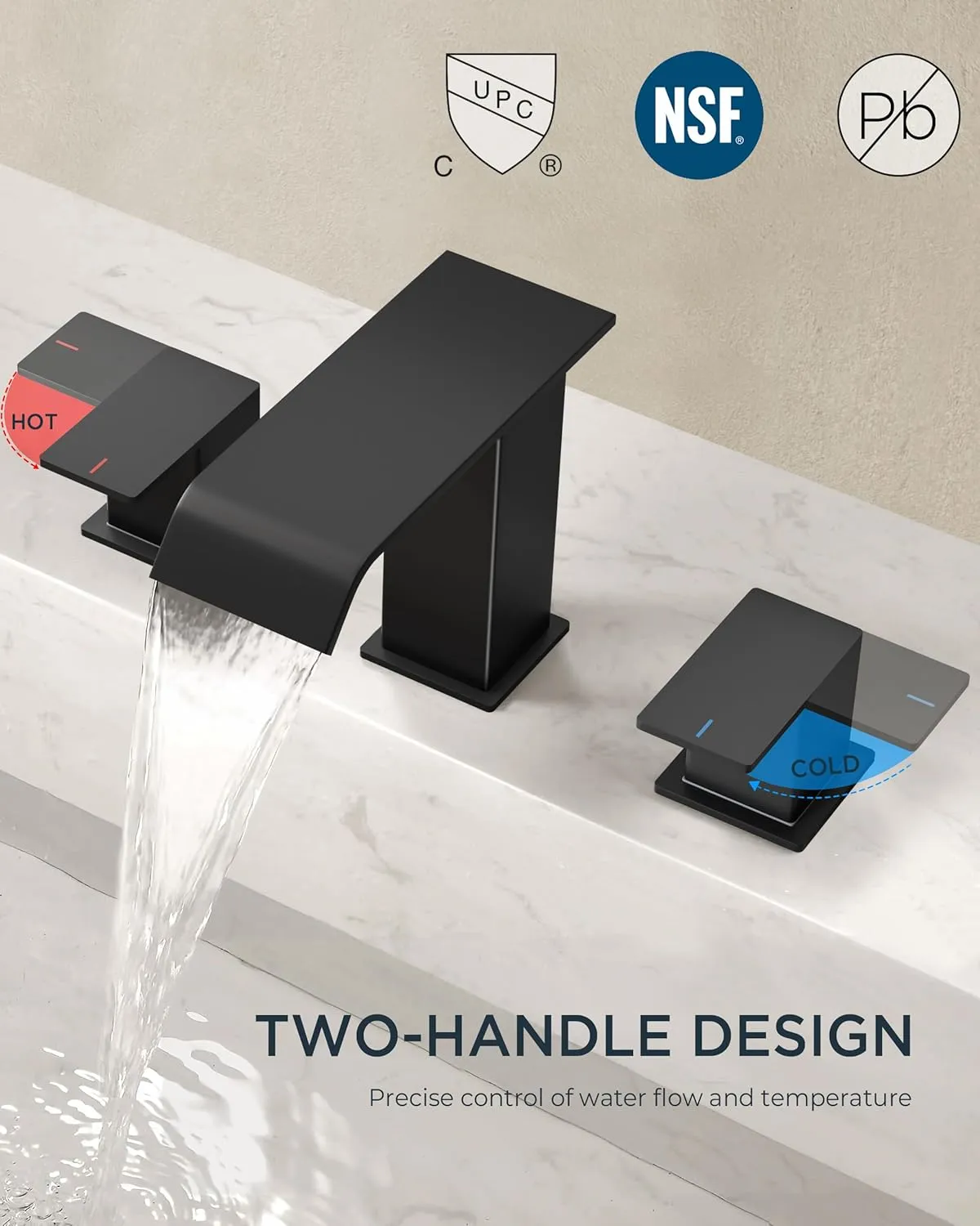 FORIOUS Matte Black Waterfall Bathroom Faucets 3 Hole, 8 Inch Widespread 2 Handles Bathroom Sink Faucet with Pop-up Drain and Flexible Hot and Cold Water Hoses, Suitable for Vanity RV Restroom