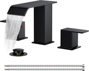 FORIOUS Matte Black Waterfall Bathroom Faucets 3 Hole, 8 Inch Widespread 2 Handles Bathroom Sink Faucet with Pop-up Drain and Flexible Hot and Cold Water Hoses, Suitable for Vanity RV Restroom