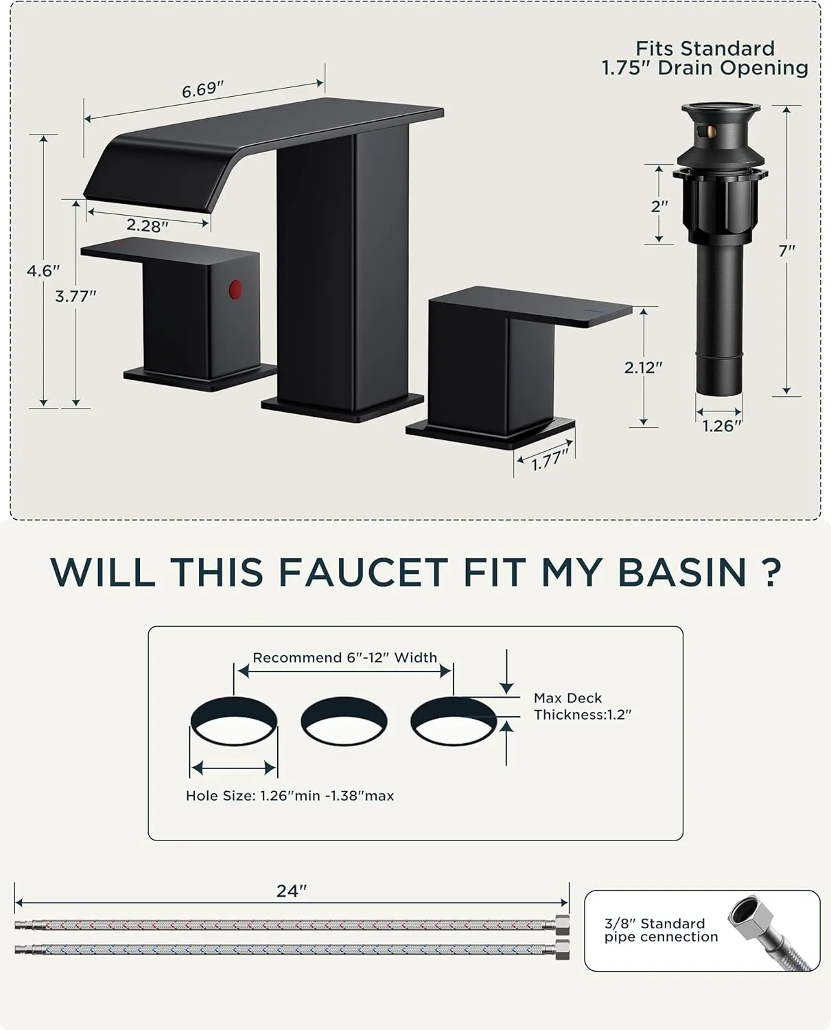 FORIOUS Matte Black Waterfall Bathroom Faucets 3 Hole, 8 Inch Widespread 2 Handles Bathroom Sink Faucet with Pop-up Drain and Flexible Hot and Cold Water Hoses, Suitable for Vanity RV Restroom