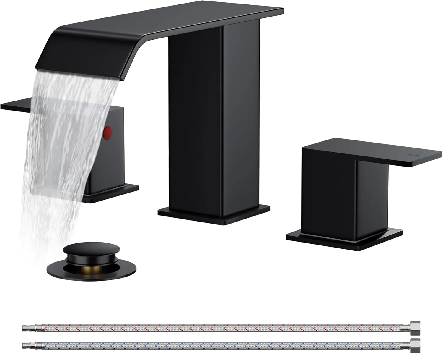 FORIOUS Matte Black Waterfall Bathroom Faucets 3 Hole, 8 Inch Widespread 2 Handles Bathroom Sink Faucet with Pop-up Drain and Flexible Hot and Cold Water Hoses, Suitable for Vanity RV Restroom