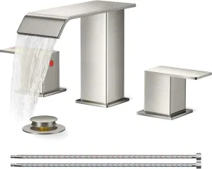 FORIOUS Widespread Bathroom Sink Faucet 3 Hole Brushed Nickel, 2 Handles Waterfall Bathroom Faucet with Metal Pop-up Drain and 24" Hot and Cold Water Hoses, Suitable for Vanity RV Restroom