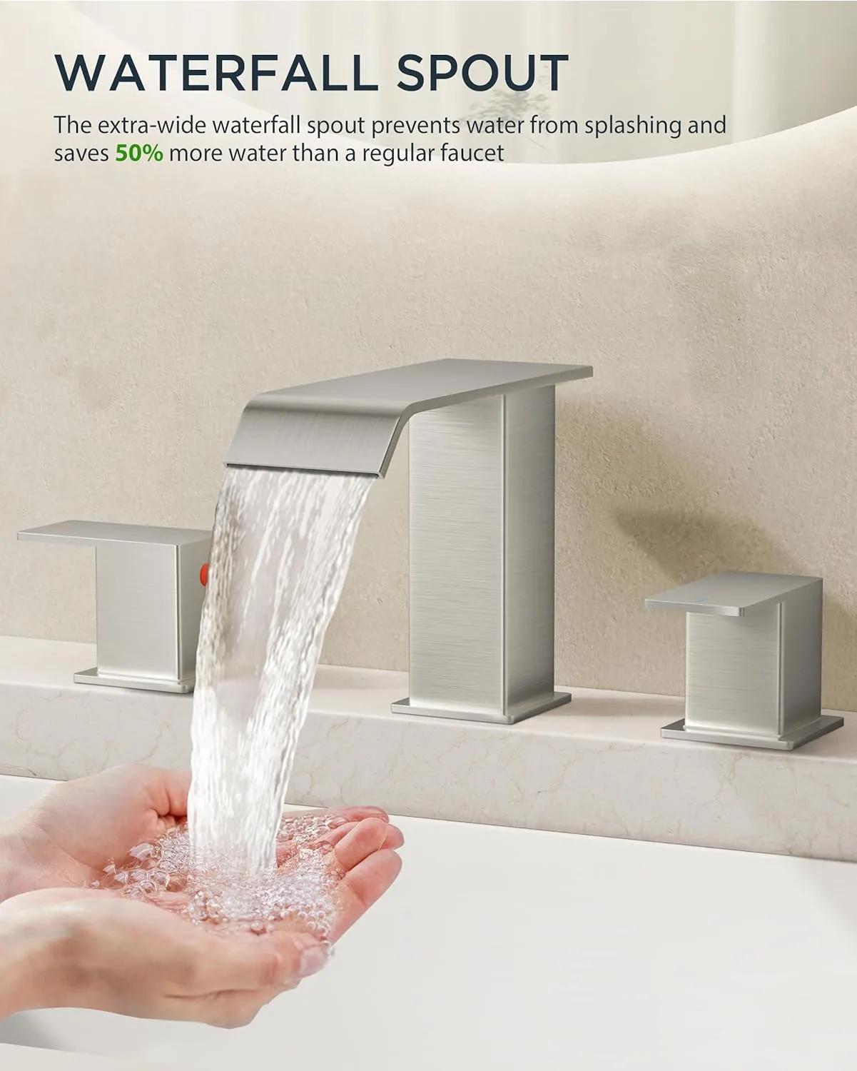 FORIOUS Widespread Bathroom Sink Faucet 3 Hole Brushed Nickel, 2 Handles Waterfall Bathroom Faucet with Metal Pop-up Drain and 24" Hot and Cold Water Hoses, Suitable for Vanity RV Restroom