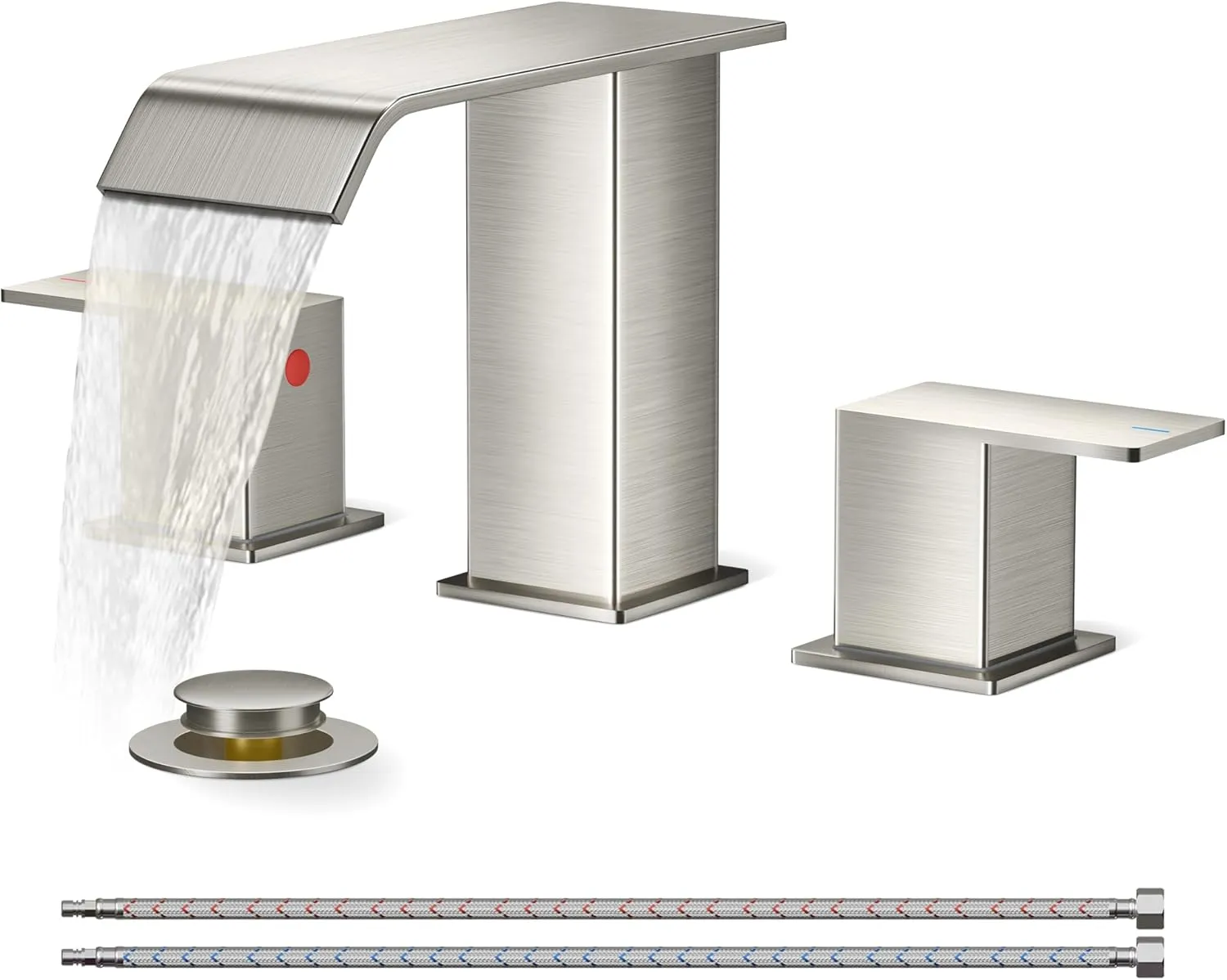 FORIOUS Widespread Bathroom Sink Faucet 3 Hole Brushed Nickel, 2 Handles Waterfall Bathroom Faucet with Metal Pop-up Drain and 24" Hot and Cold Water Hoses, Suitable for Vanity RV Restroom