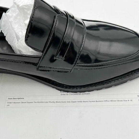 FOWT Black Dressy Comfortable Low Heels Loafers Closed Square Toe Slip-On Shoes