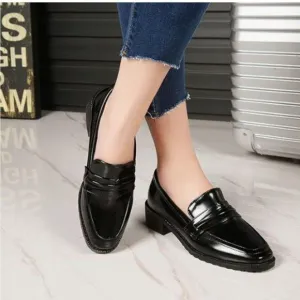 FOWT Black Dressy Comfortable Low Heels Loafers Closed Square Toe Slip-On Shoes