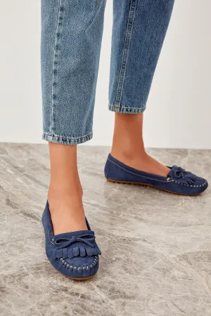 Genuine Leather Navy Blue Women 'S Loafer Shoes