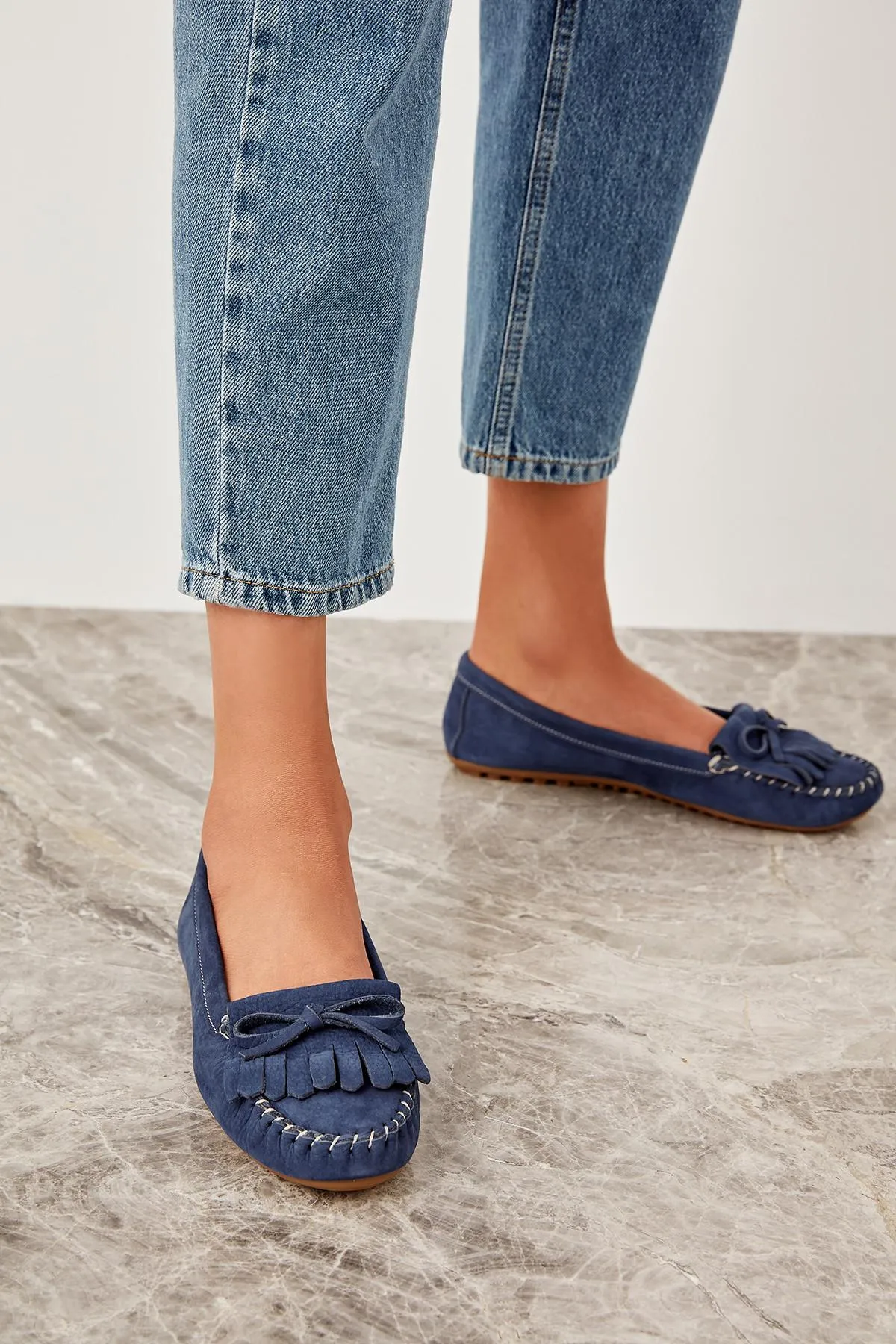 Genuine Leather Navy Blue Women 'S Loafer Shoes