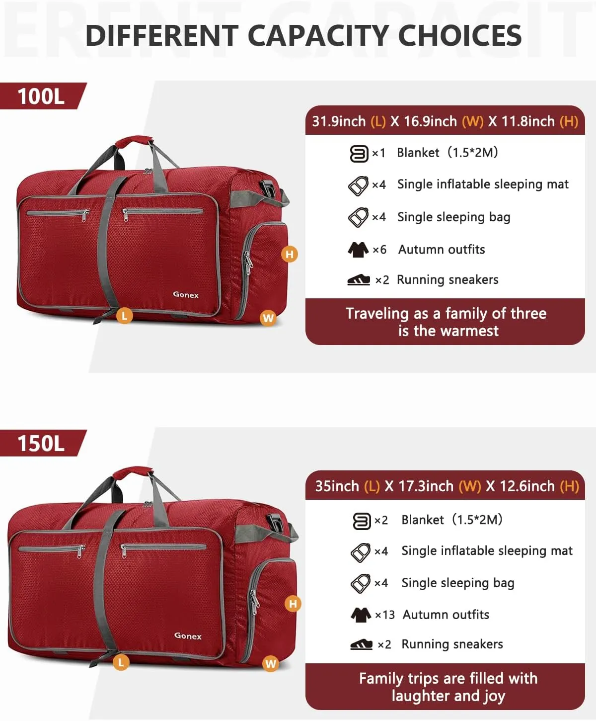 Gonex 40L 60L 80L 100L 150L Large Foldable Travel Duffle Bag with Shoes Compartment, Packable Lightweight Water Repellent Duffel Bag for Camping Gym Weekender Bag