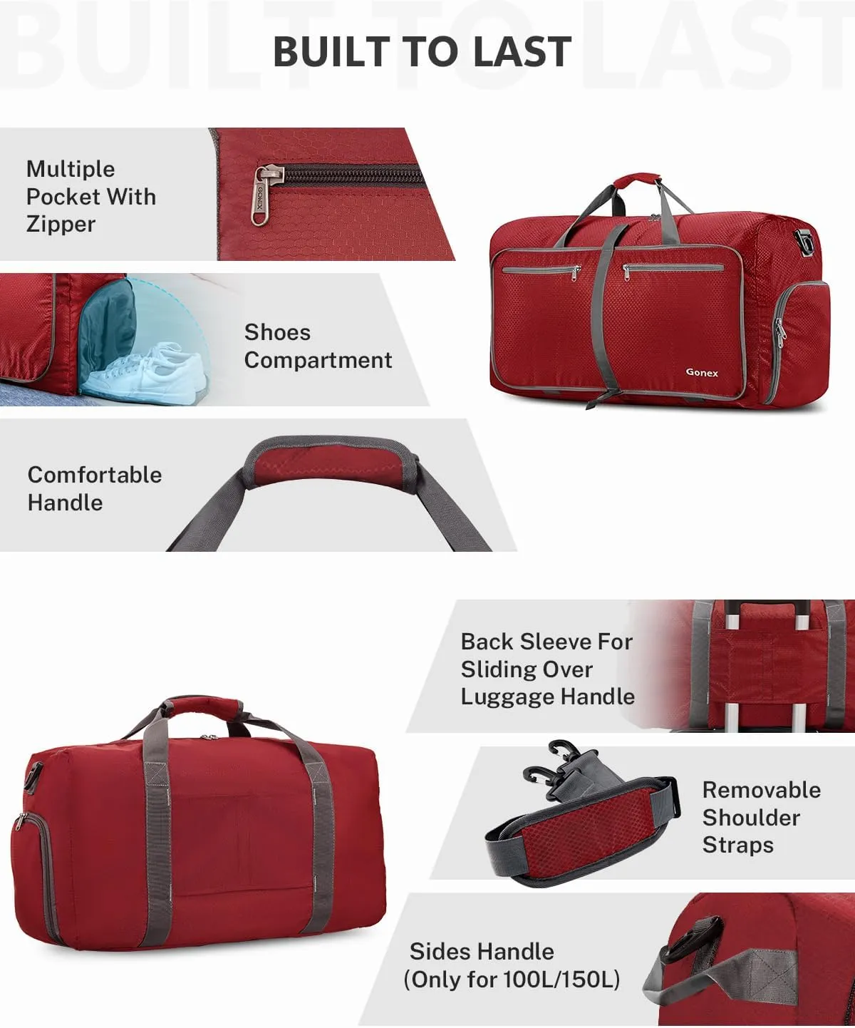 Gonex 40L 60L 80L 100L 150L Large Foldable Travel Duffle Bag with Shoes Compartment, Packable Lightweight Water Repellent Duffel Bag for Camping Gym Weekender Bag