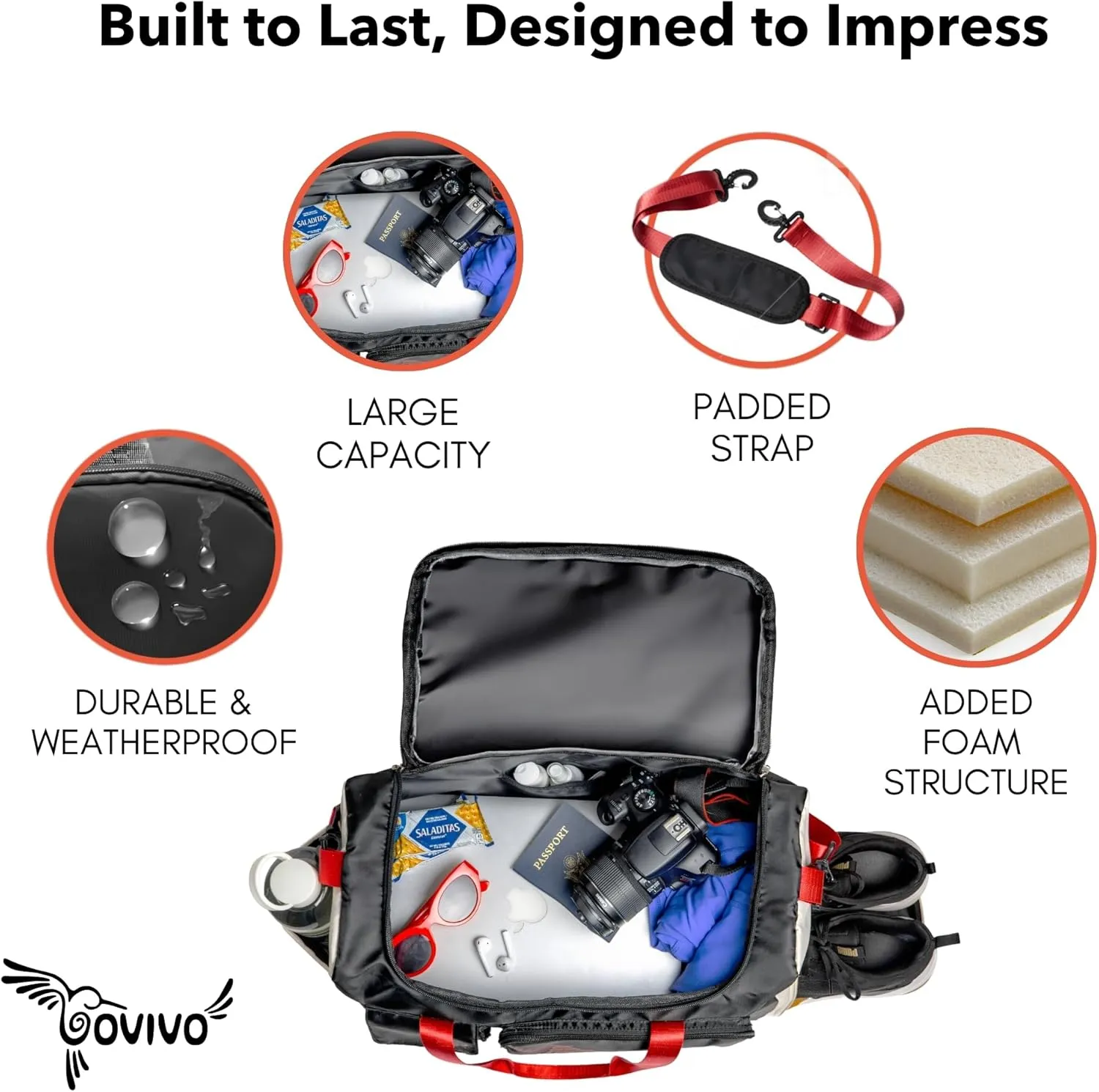 GoVivo Gym Bag with Shoe Compartment, Gym Duffle Bag for Women, Water Resistant Weekender travel Bag, bolso de viaje para mujer, Lightweight & Stylish gym bags, Black