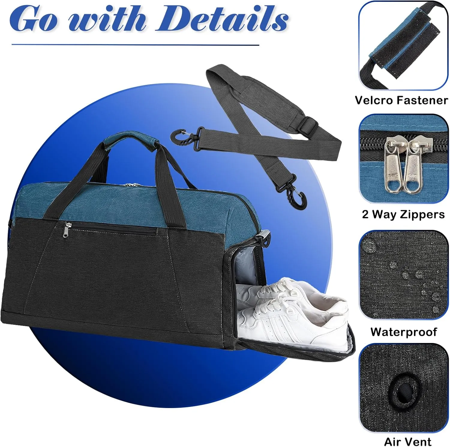 Gym Bags for Women Men with Wet & Shoe Compartment, 40L Foldable Travel Duffle Bag, Lightweight Weekender Overnight Duffel Bag for Traveling Sports Gym(Navy)