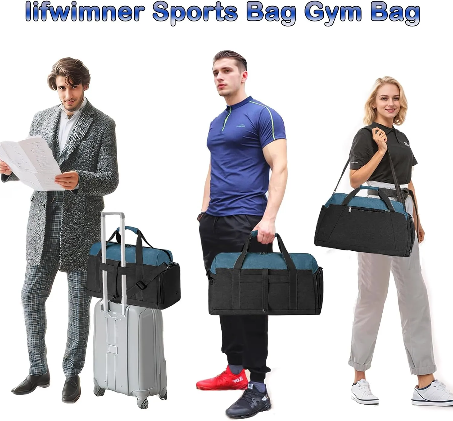 Gym Bags for Women Men with Wet & Shoe Compartment, 40L Foldable Travel Duffle Bag, Lightweight Weekender Overnight Duffel Bag for Traveling Sports Gym(Navy)