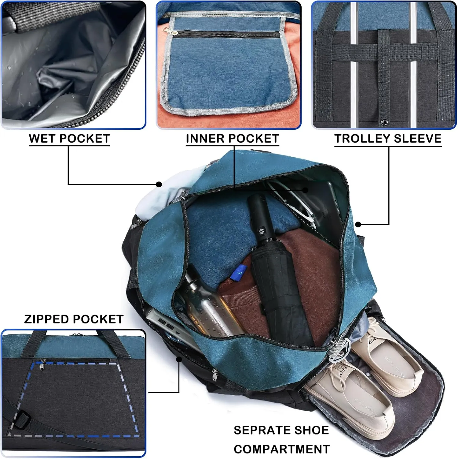 Gym Bags for Women Men with Wet & Shoe Compartment, 40L Foldable Travel Duffle Bag, Lightweight Weekender Overnight Duffel Bag for Traveling Sports Gym(Navy)