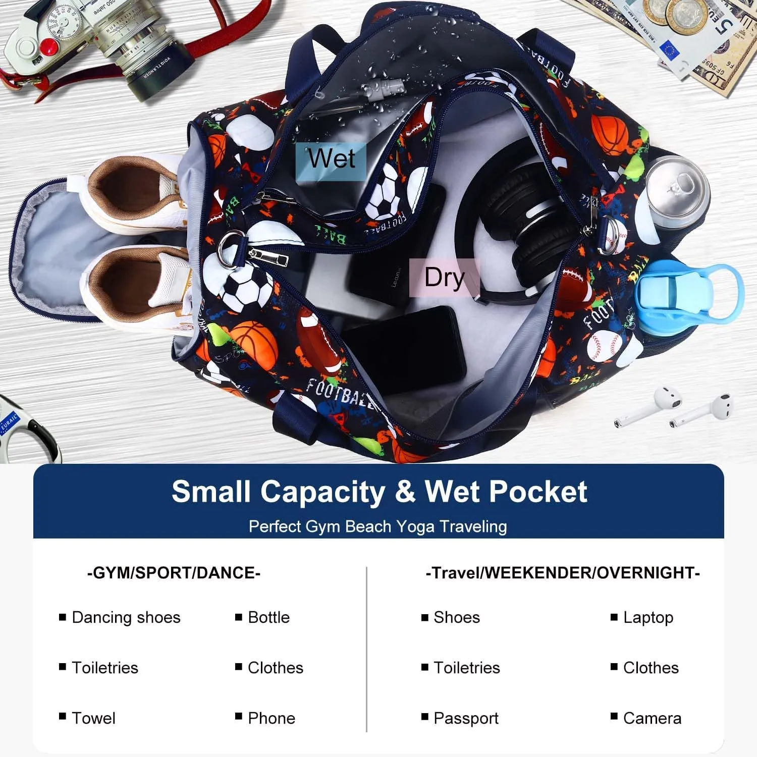 Gym Travel Duffle Bag for Boys - Gymnastics Sports Dance Bag with Shoe Compartment & Wet Pocket Football Kids Travel Bag Teens Weekender Sleepover Carry