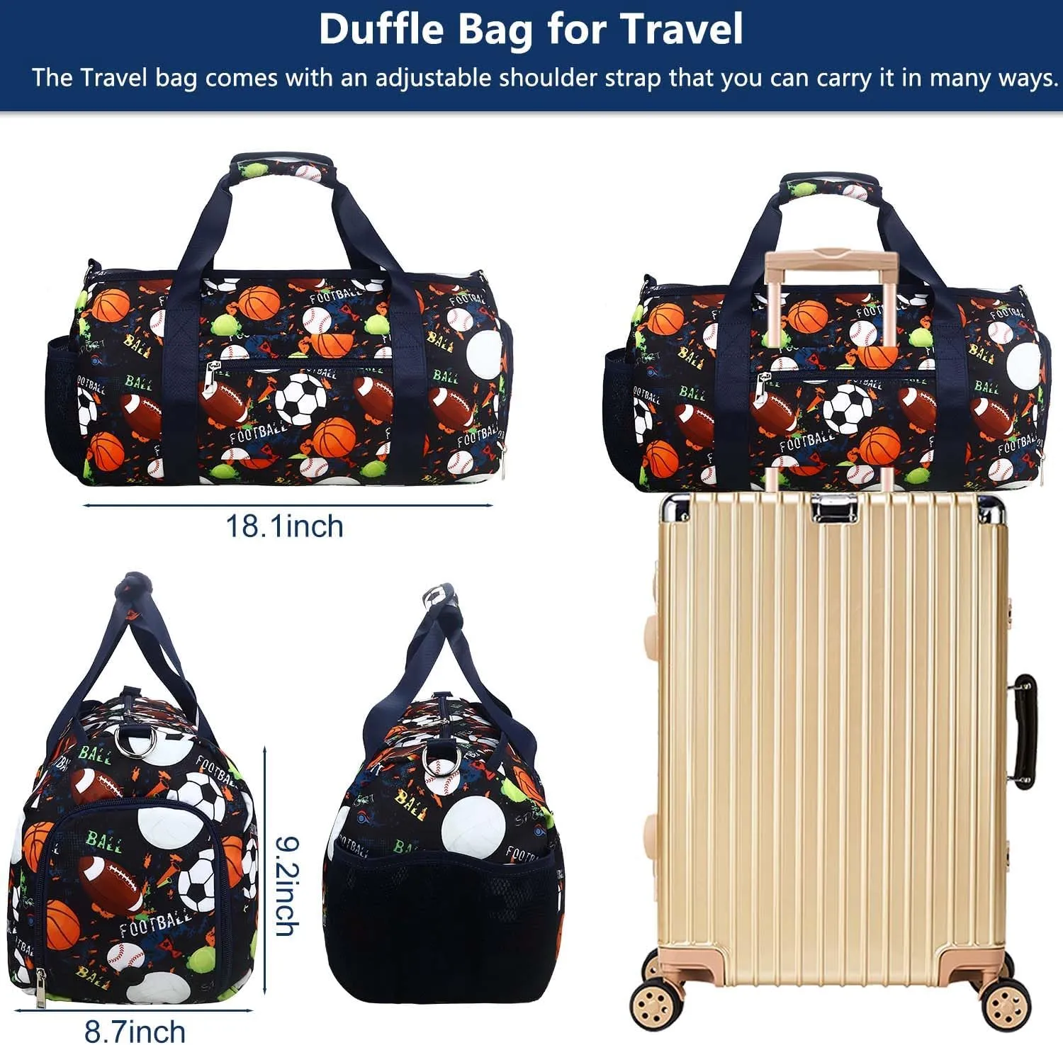 Gym Travel Duffle Bag for Boys - Gymnastics Sports Dance Bag with Shoe Compartment & Wet Pocket Football Kids Travel Bag Teens Weekender Sleepover Carry