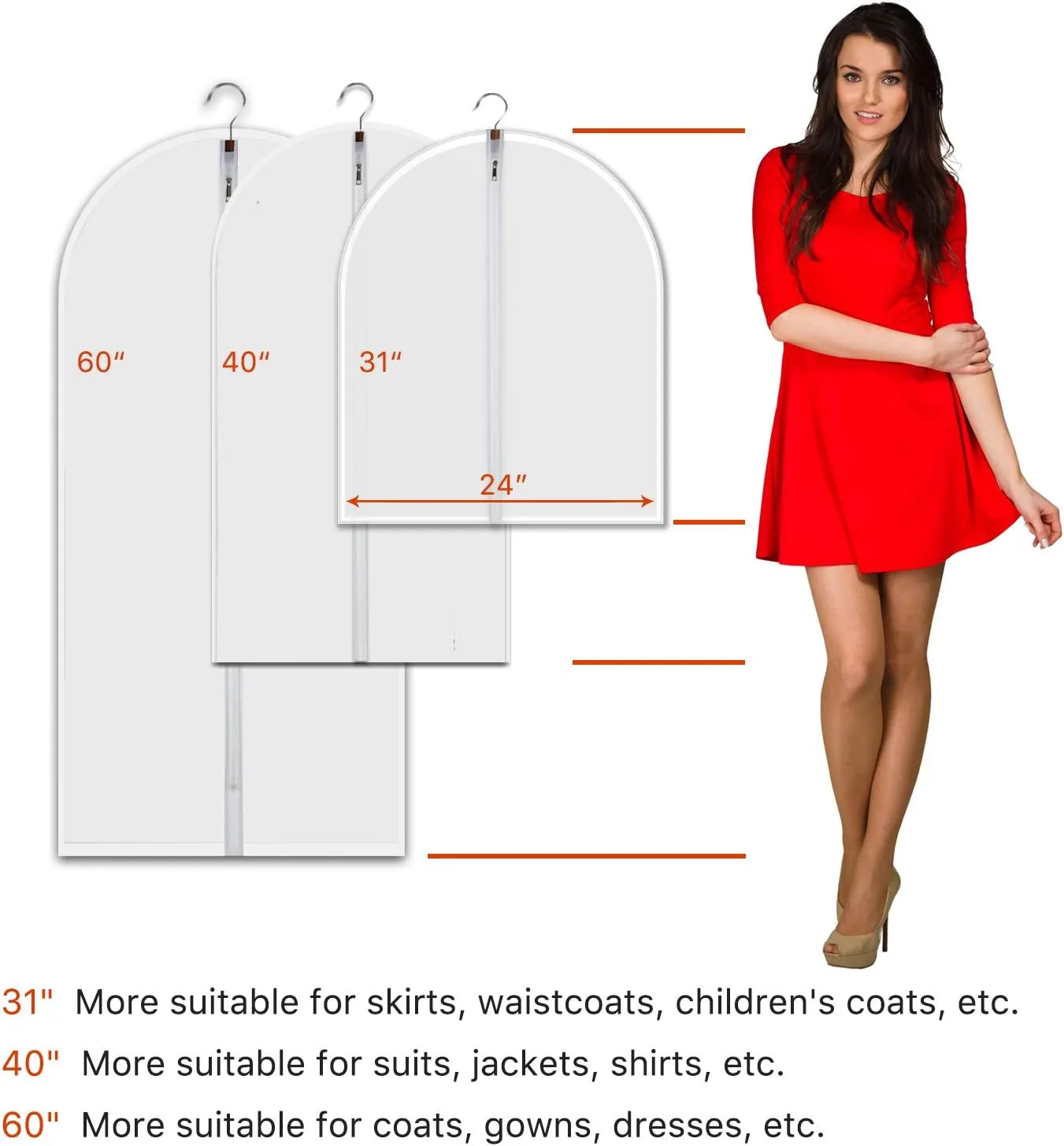 Hanging Garment Bags 7 Piece Set - 60 Inch Translucent Dust Proof Clothes Bag White Breathable Full Zipper Dust Cover for Suit Dance Costumes Gown Dress | 4 Portable Travel Shoe Bags