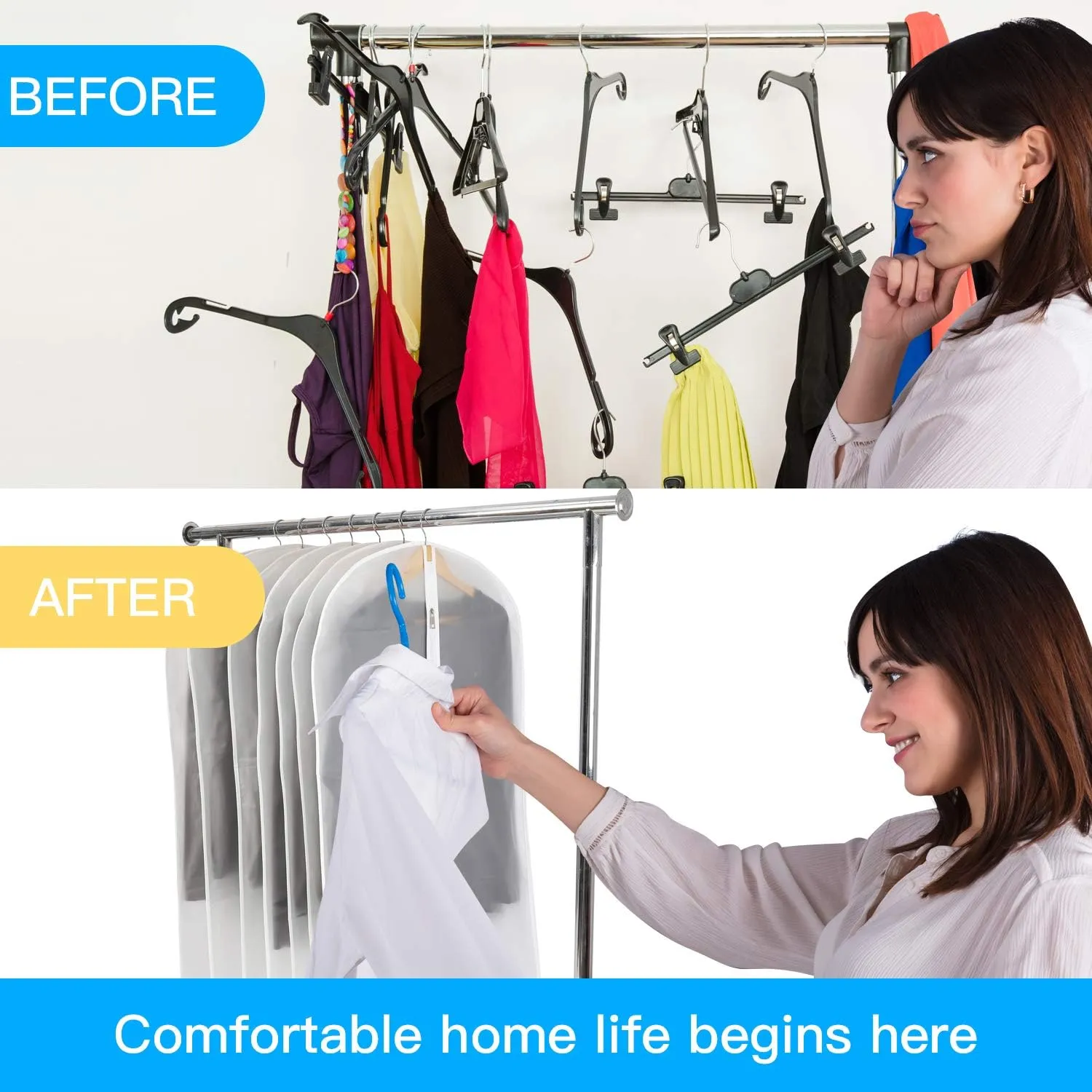 Hanging Garment Bags 7 Piece Set - 60 Inch Translucent Dust Proof Clothes Bag White Breathable Full Zipper Dust Cover for Suit Dance Costumes Gown Dress | 4 Portable Travel Shoe Bags