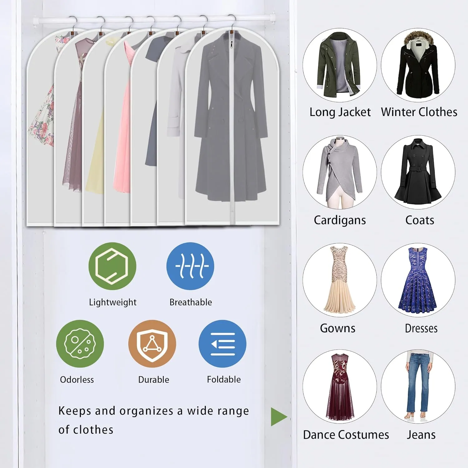 Hanging Garment Bags 7 Piece Set - 60 Inch Translucent Dust Proof Clothes Bag White Breathable Full Zipper Dust Cover for Suit Dance Costumes Gown Dress | 4 Portable Travel Shoe Bags