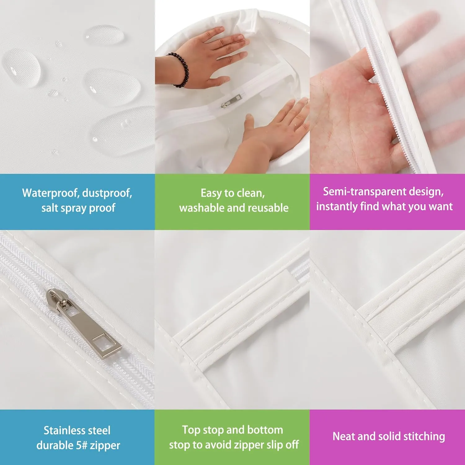 Hanging Garment Bags 7 Piece Set - 60 Inch Translucent Dust Proof Clothes Bag White Breathable Full Zipper Dust Cover for Suit Dance Costumes Gown Dress | 4 Portable Travel Shoe Bags