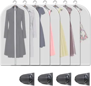 Hanging Garment Bags 7 Piece Set - 60 Inch Translucent Dust Proof Clothes Bag White Breathable Full Zipper Dust Cover for Suit Dance Costumes Gown Dress | 4 Portable Travel Shoe Bags