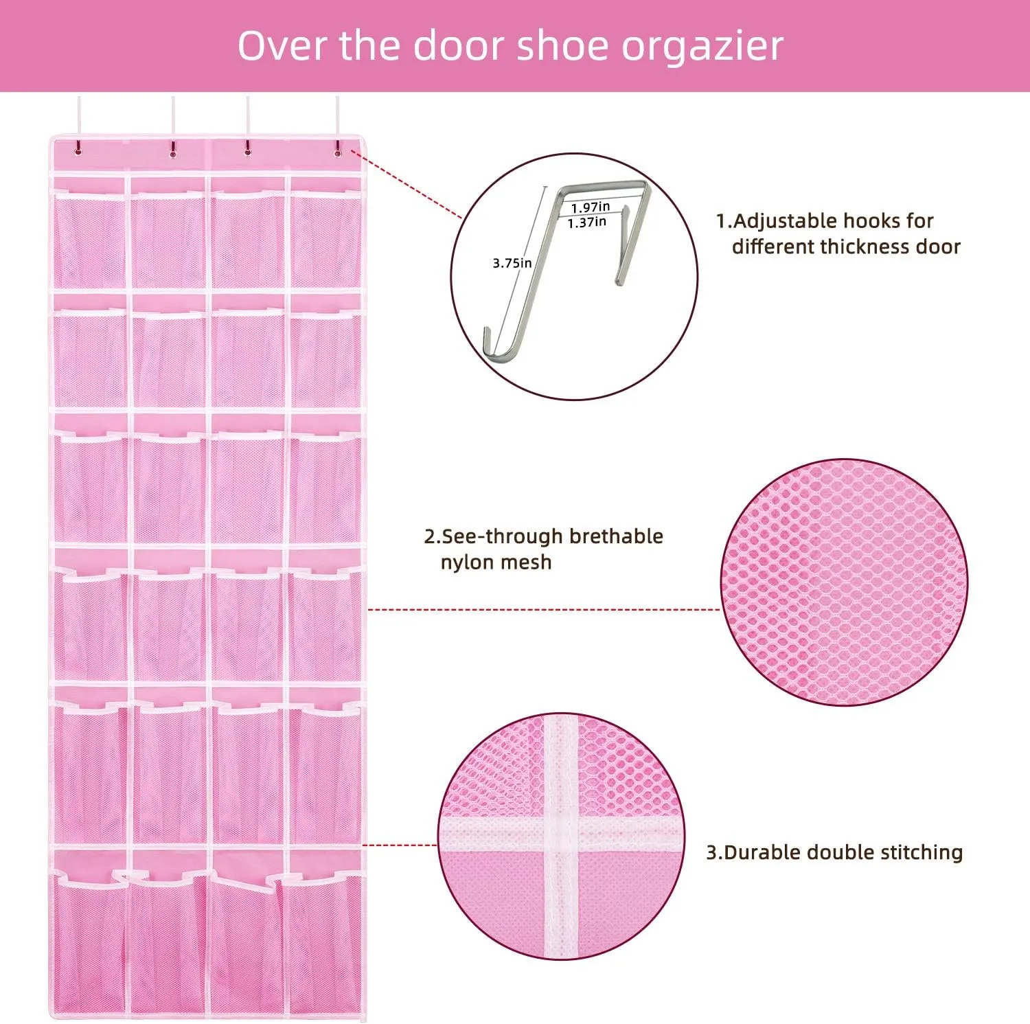 Hanging Shoe Organizer, Over The Door Shoe Organizer with 24 Breathable Mesh Pockets for Men Women Kids Hanging Shoe Storage Rack Organizer Size:58x21 Inch（Pink）