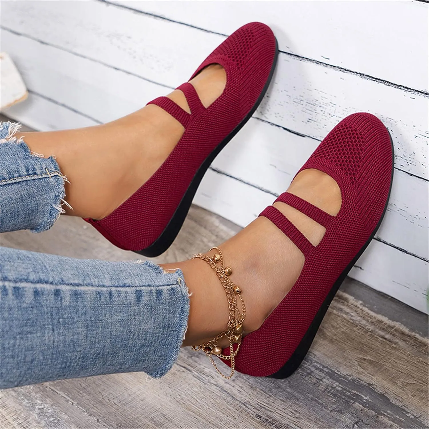 Hbeylia Knitted Ballet Flats for Women Ladies Round Toe Strappy Comfortable Formal Dress Loafers Casual Slip On Walking Driving Shoes for Work Nurse