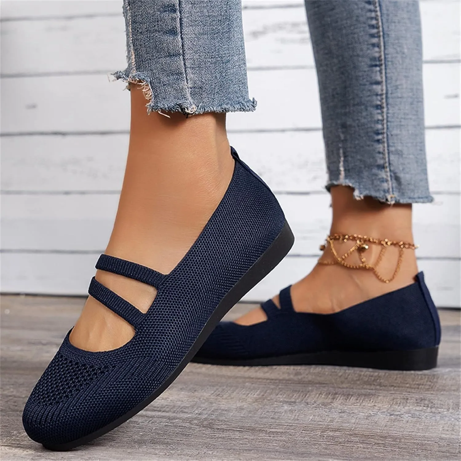 Hbeylia Knitted Ballet Flats for Women Ladies Round Toe Strappy Comfortable Formal Dress Loafers Casual Slip On Walking Driving Shoes for Work Nurse