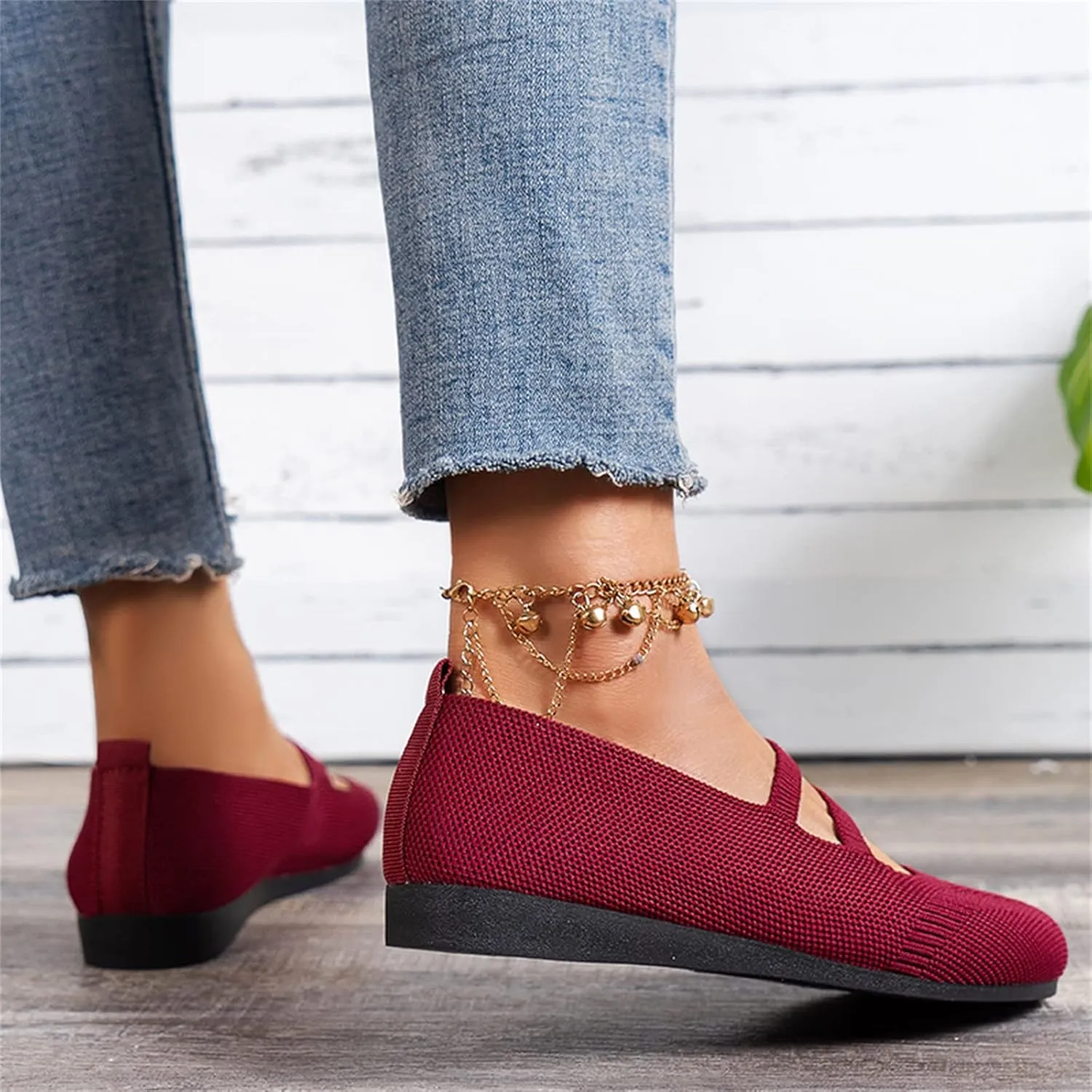 Hbeylia Knitted Ballet Flats for Women Ladies Round Toe Strappy Comfortable Formal Dress Loafers Casual Slip On Walking Driving Shoes for Work Nurse