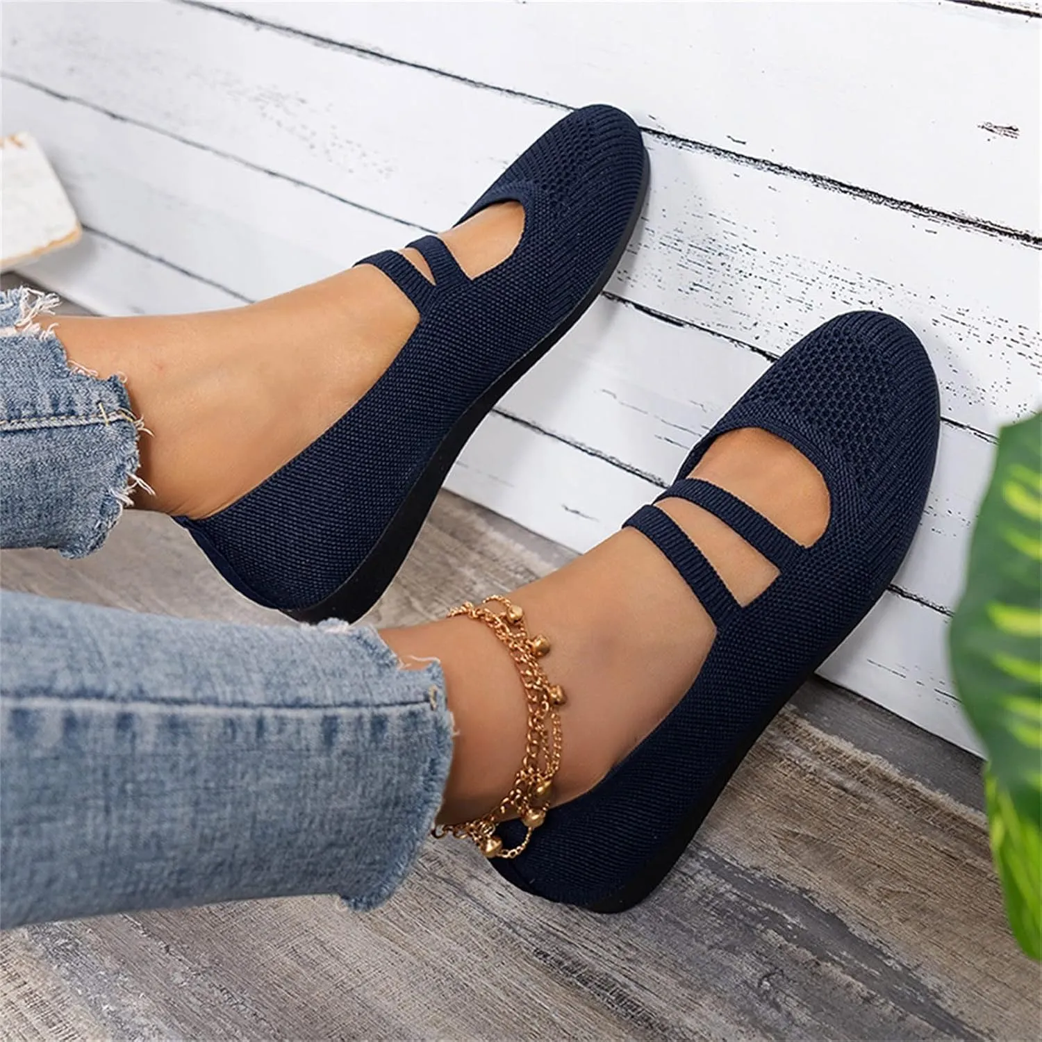 Hbeylia Knitted Ballet Flats for Women Ladies Round Toe Strappy Comfortable Formal Dress Loafers Casual Slip On Walking Driving Shoes for Work Nurse