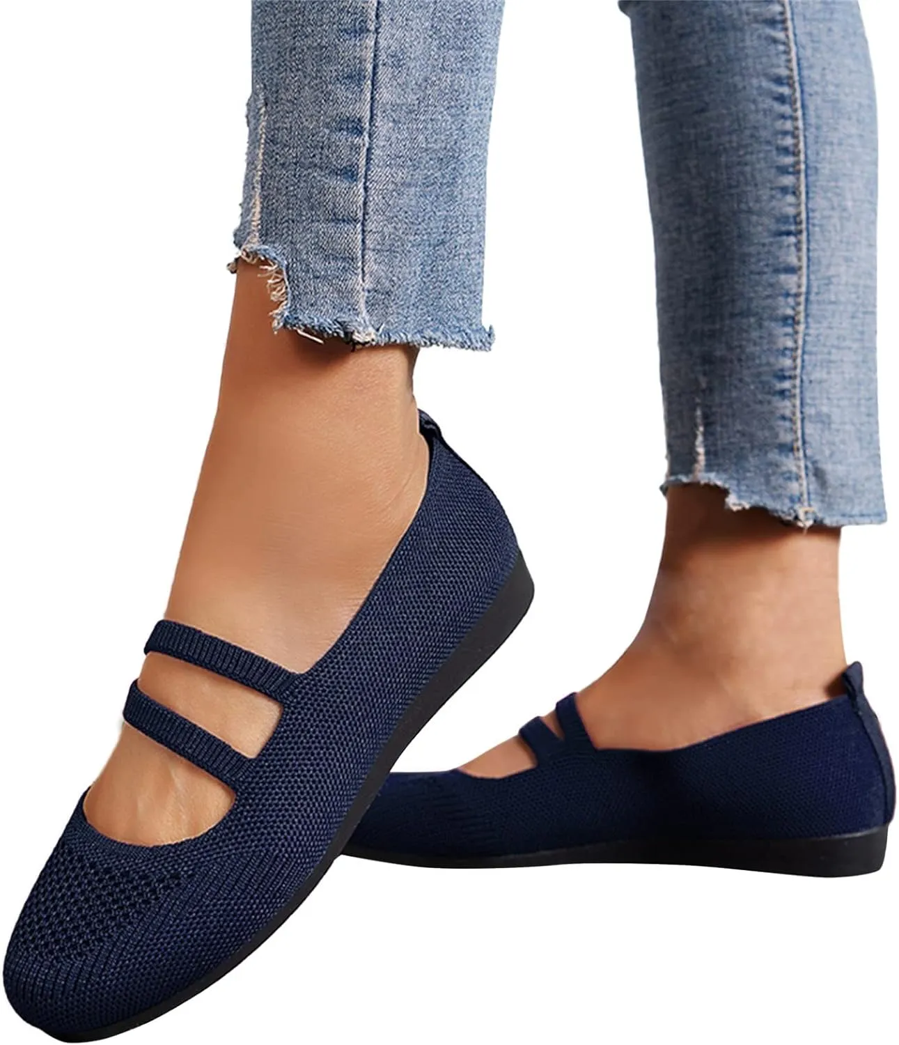 Hbeylia Knitted Ballet Flats for Women Ladies Round Toe Strappy Comfortable Formal Dress Loafers Casual Slip On Walking Driving Shoes for Work Nurse