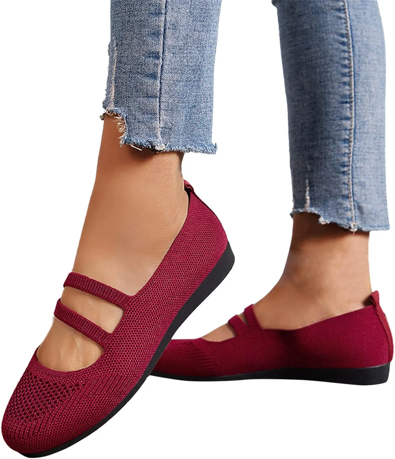Hbeylia Knitted Ballet Flats for Women Ladies Round Toe Strappy Comfortable Formal Dress Loafers Casual Slip On Walking Driving Shoes for Work Nurse